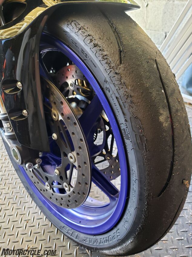 mo tested dunlop q5 and q5s trackday tire review, Here s the front Q5 after a full day of track riding Buttonwillow is predominantly right turns and as you can see by the huge chicken strips it could have taken far more than I was giving it I wouldn t hesitate using it for a few more trackdays