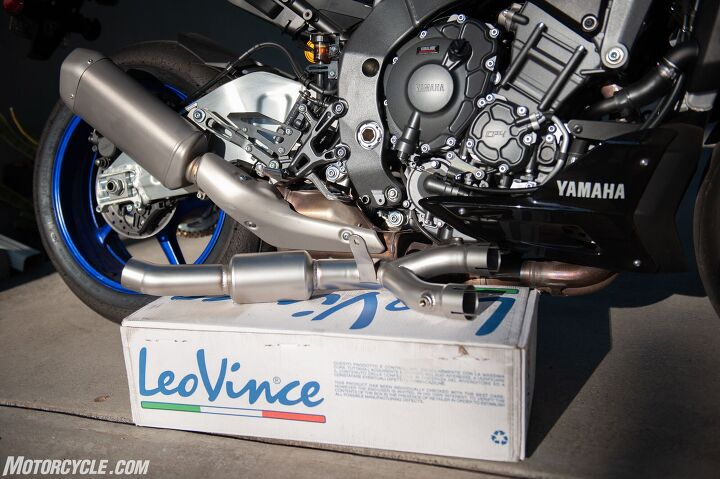 introducing motorcycle com s 2022 yamaha mt 10 sp semi long term bike, The difference between the stock catalytic converter and the Leo Vince midpipe is dramatic