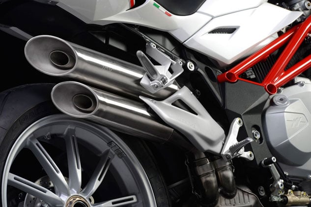 2013 mv agusta brutale 1090 rr review quick ride, The 2013 updates for the Brutales include new wheels and slash cut mufflers that add to its visual appeal