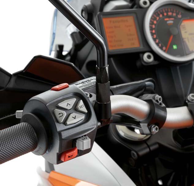 2014 ktm 1190 adventure review, Operating the mode switch is easily grasped one of the more intuitive handlebar mounted mode switches we ve encountered did KTM hire some Apple employees
