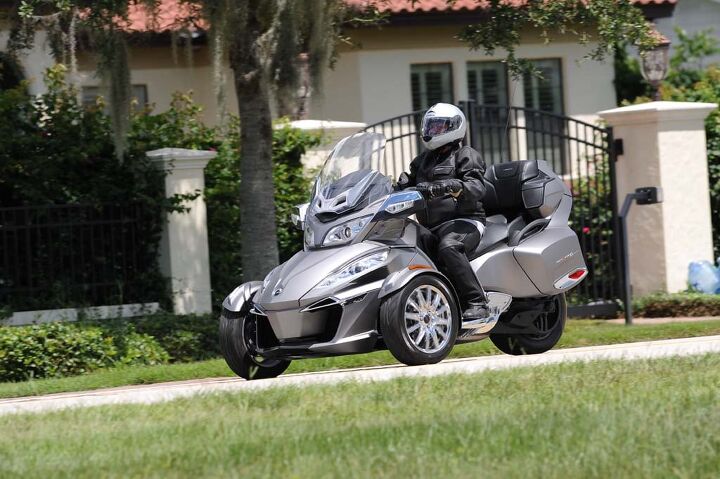 2014 can am spyder review, While Spyders steer differently than two wheeled motorcycles counter steering does not apply the RT still offers a quick turning feel despite the tremendous stability afforded by its unique two in front one in back wheel placement