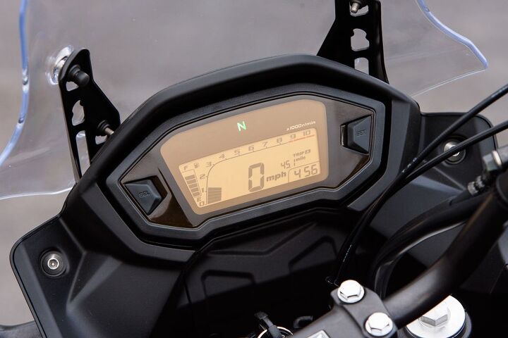 2013 honda cb500x review, Including a fuel gauge dual trip meters and a clock the X s digital instrument cluster is simple and informative but can be hard to read in direct sunlight The X s windscreen is manually adjustable via four bolts