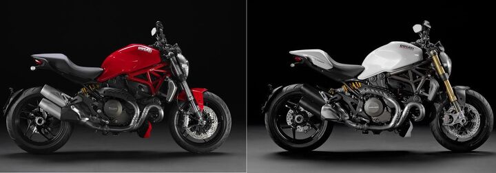 2014 ducati monster 1200 s first ride review, Similar yet different the S is distinguished by its wheels gold stanchions and black exhaust covers Both are available in red but only the S comes in white The passenger seat cowl comes standard on both models