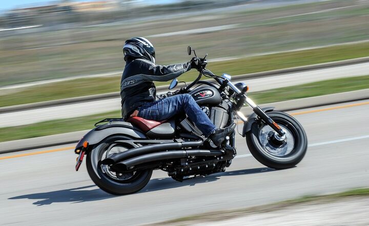 2015 victory gunner review first ride, With only one stock Gunner for the assembled journalists to ride we spent most of the day on accessorized versions This example has a Stage 1 X Bow Exhaust a Black Ness Fly Bar Ness Hole Shot billet grips a Solo Mission seat and rack