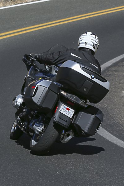 2014 bmw r1200rt review first ride, Even with a 0 8 inch reduction in rider triangle height cornering clearance remains ample The top box is an accessory but the saddlebags are stock equipment