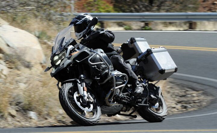 church of mo 2014 bmw r1200gs adventure review, Because we spent more of our day riding in the dirt than on the pavement our Adventure was outfitted with the optional off road tires Hard luggage fog lights and aluminum bash plate are extras everything else is stock equipment