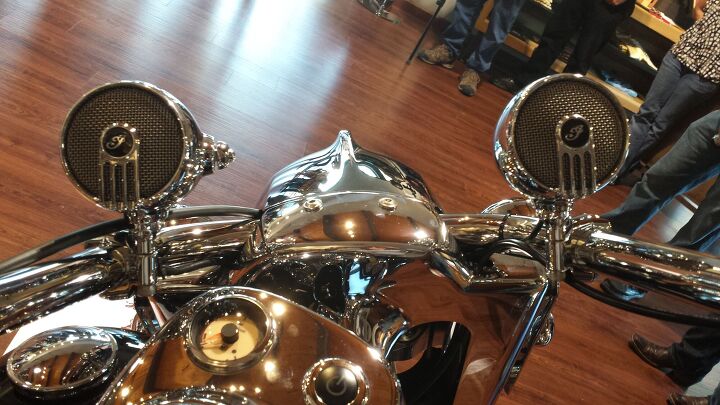 indian motorcycle displays new accessories and apparel, These bar mount speakers 599 99 can be wired to a music player or connected via Bluetooth Indian rep Mark Boswell says music can be heard up to 75 mph without a windshield