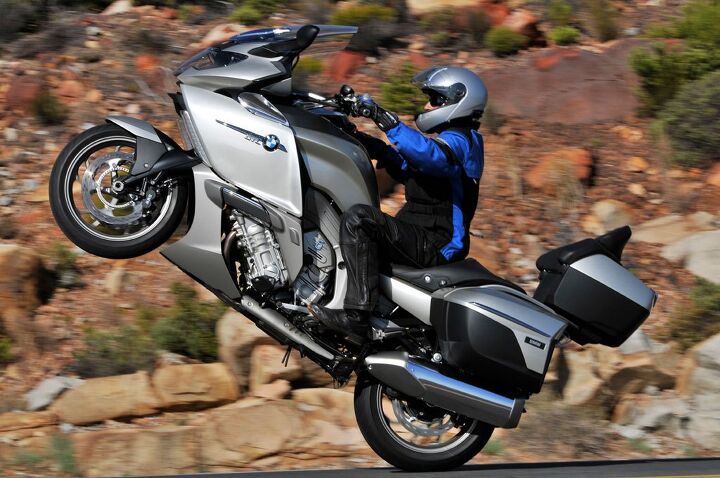 2014 bmw k1600gtl exclusive review first ride, BMW s Dynamic Traction Control system can also be switched off if desired Gratuitous wheelie shot is from the standard GTL s media launch