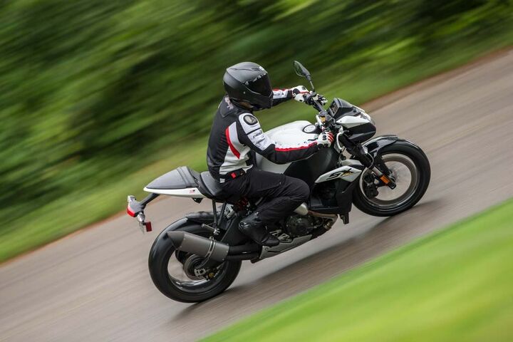 2015 ebr 1190sx first ride review, Aggressive rake and trail numbers combined with a short wheelbase gives the SX superb agility Standard Pirelli Diablo Rosso Corsa tires work well even in the wet