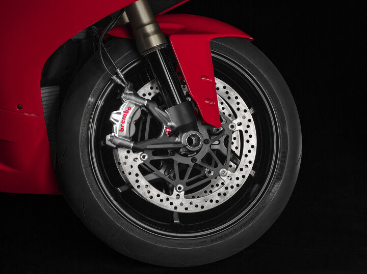 2014 eicma 2015 ducati 1299 panigale preview, The Brembo M50 calipers latch onto 330mm discs but the big news is the addition of Cornering ABS
