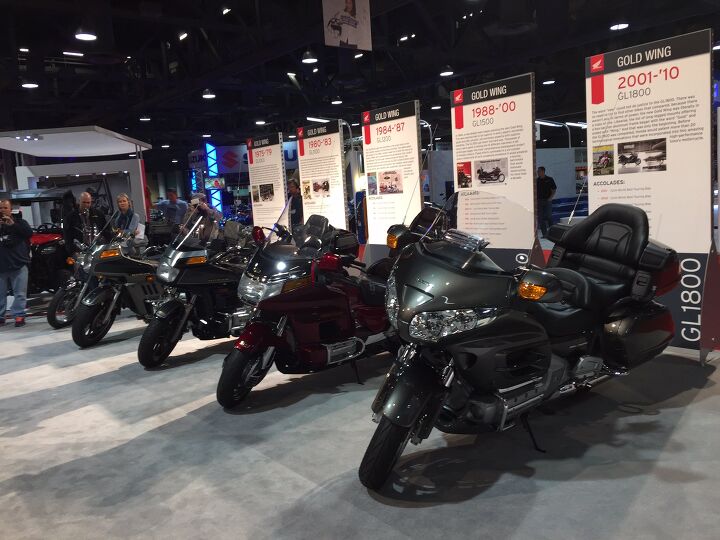 2014 international motorcycle shows long beach wrap up report, Each generation of Honda Gold Wing representing 40 years of Wing n it