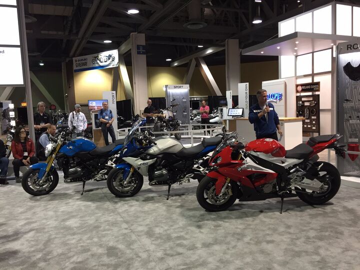 2014 international motorcycle shows long beach wrap up report, Add in the S1000XR and F800R to the R1200R R1200RS and S1000RR seen here and BMW s new 2015 bikes are a formidable force