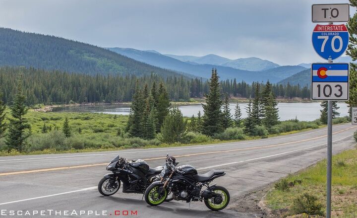escape the apple part 8 video, Altitude exhausted literbikes in front of the scenic backdrop at the entrance of Mount Evans
