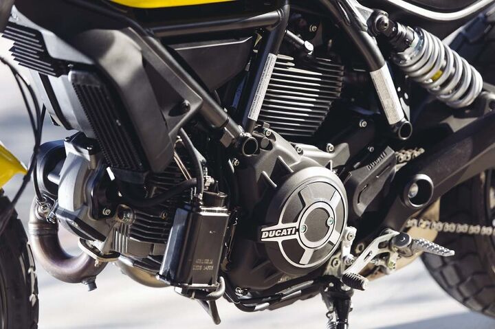 2015 ducati scrambler first ride review, All four Scramblers share the 803cc air cooled two valve V Twin seen in the Monster 796 and Hypermotard It s a great engine though the Scrambler s on off throttle transition can be a little sharp