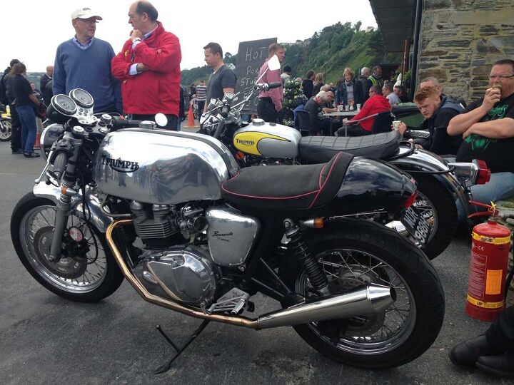isle of man tt cool and unusual motorcycles, Modern Bonnie caf and Triumph Trophy trail at the Laxey show
