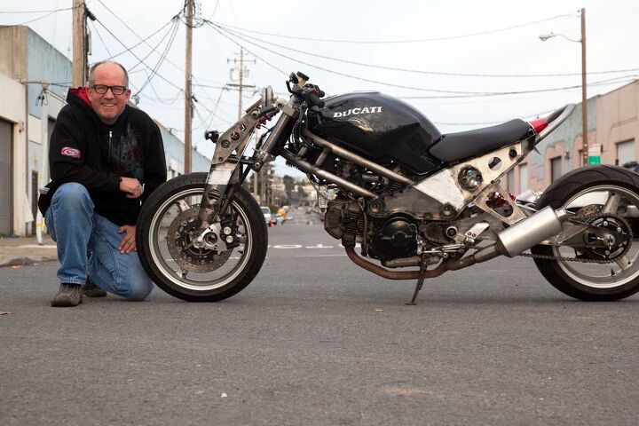 the dirtbag challenge 2014, Julian Farnam s 750 Ducati Monster has a girder front end inspired by an English boutique bike the Ariel Ace Motor and wheels were acquired through barter Julian s bike won the Cleverest award