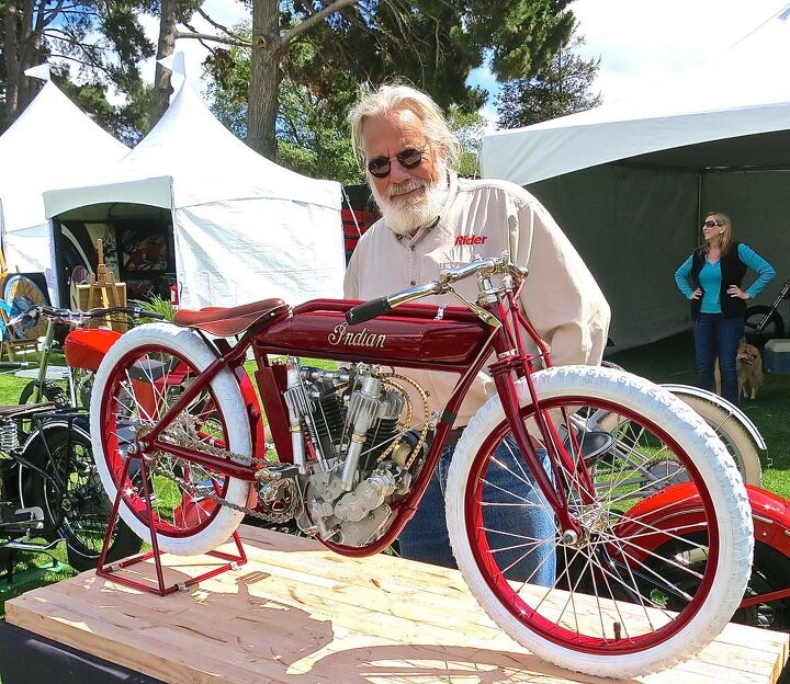 the quail motorcycle gathering 2015 report, There be giants here No it s a 9 16 scale 1914 Indian racer built by Rick Creese a partner with Gary Davis at Trackmaster And yes it runs