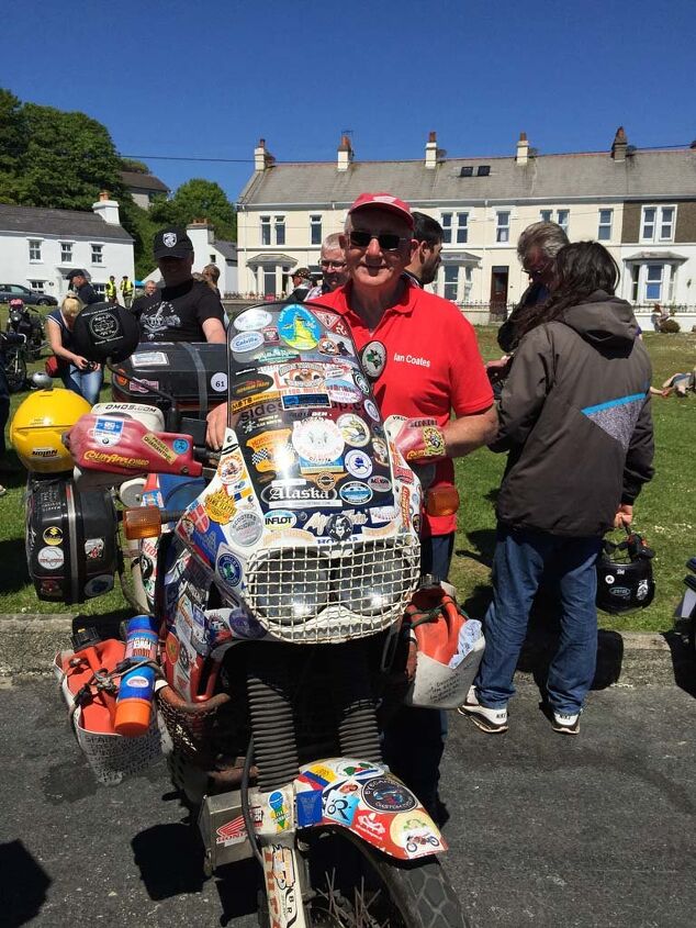 out and about on the isle of man 2015 part 2, Fourteen years after telling his wife that he was going on a four month trip Ian Coates returned from visiting almost every country on earth Here he poses at the Laxey Bike Show with his 300 000 mile Honda Africa Twin Attention Honda Marketing Department