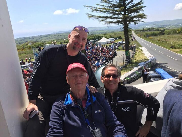 out and about on the isle of man 2015 part 2, The author Capone with TT traveling buds John Santapietro from New Jersey and Peter Thompson from Wales take in the race action from the balcony of the famous Creg ny Baa