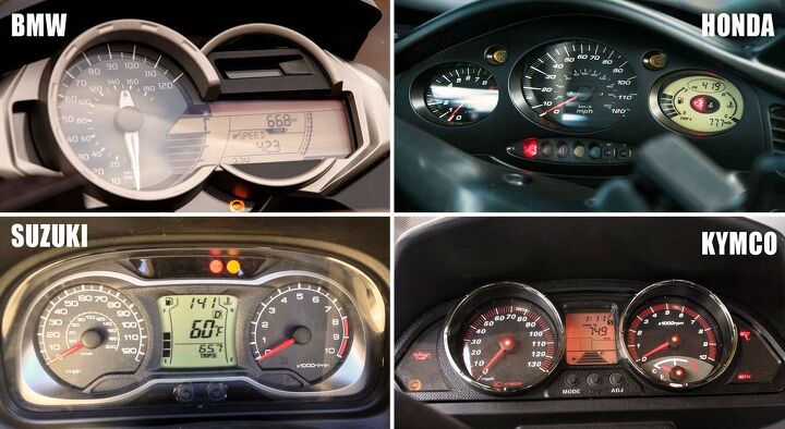 2013 uber scooter shootout video, All four instrument clusters feature tachometers a small LCD bar graph on the BMW though it only really matters on the Burgman