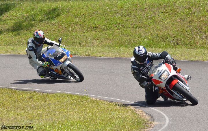 two stroke shootout honda nsr250r vs suzuki rgv250, Both bikes are stable on the brakes but the NSR is more composed and has better brake feel