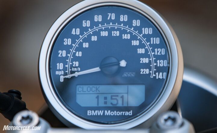 retro roadsters revisited bmw r ninet pure vs honda cb1100ex vs triumph bonneville, Purity carries over into the instrumentation which lacks a tachometer