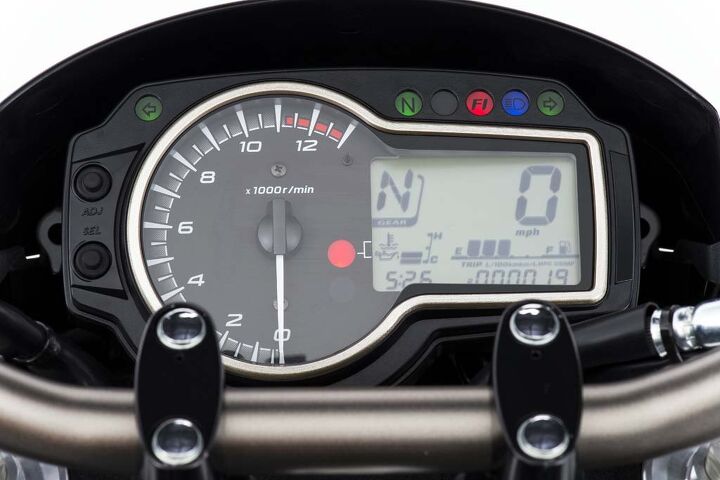 2015 suzuki gsx s750 review, The instrument cluster is simple and legible and includes a gear position indicator clock and fuel gauge A nice feature is the cluster s adjustable brightness The FZ 09 is ride by wire with three power modes the GSX S s throttle is cable operated with no power mode selection