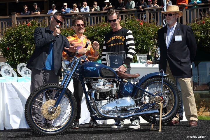 the eighth annual quail motorcycle gathering, Brian Fuller and Paul d Orleans present 1st place award for Custom Modified to Bryan Thompson for his 1952 Triumph Thunderbird
