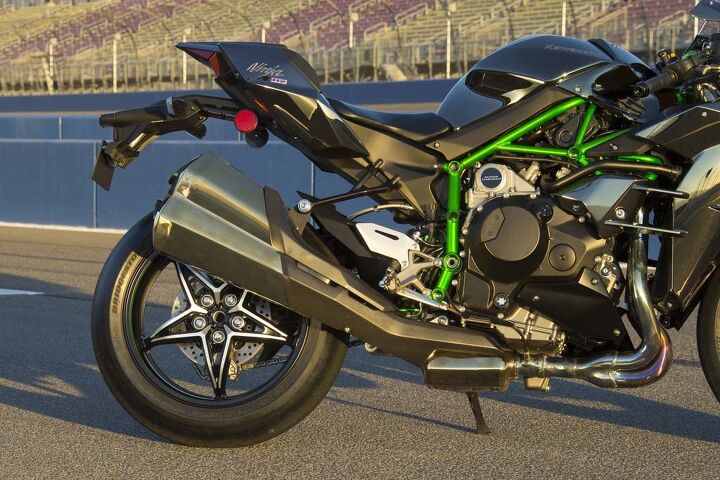 2015 kawasaki ninja h2 first ride review video, A cast aluminum subframe supports the tailsection Nice finish detailing on the rear wheel with machined highlights A detail you can t see is the knurling on the inside of the rear wheel to prevent the tire slipping from the supercharged torque
