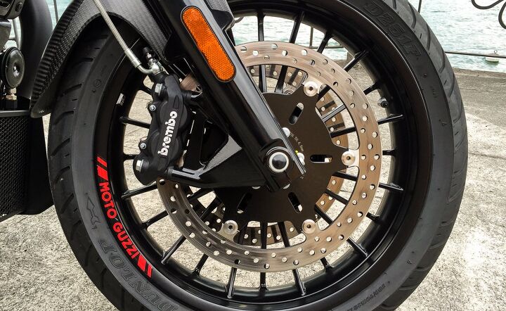 2016 moto guzzi audace first ride review, The Brembo calipers and 320mm discs were more than capable of hauling the 700 lbs of Audace down from speed