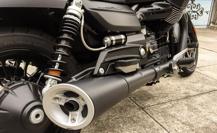 2016 moto guzzi audace first ride review, The Audace s muffler has the same lines as other California models but it is much shorter and has a throatier note