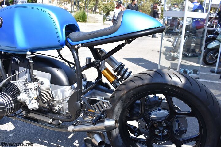 2017 venice vintage motorcycle rally report, The single sided swing arm and crisscrossed mufflers were designed to create a Superbike inspired balance