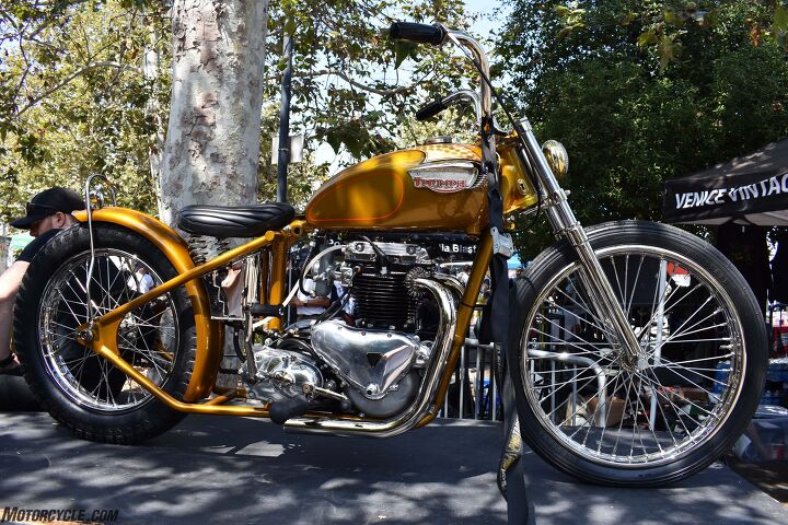 2017 venice vintage motorcycle rally report, This year s raffle bike El Dorado a 1950 Triumph Thunderbird Bobber curated and built by the VVMC