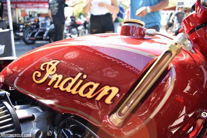 2017 venice vintage motorcycle rally report, Roland Sands designed this external fuel gauge on a late model Indian Scout
