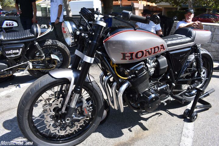 2017 venice vintage motorcycle rally report, A 1976 Honda CB750 with a CBR600RR front end Arashi rotors and Tokico calipers Owned by Mike Stafford