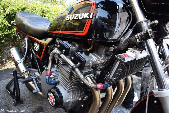 2017 venice vintage motorcycle rally report, A 1981 Suzuki GS1100R featuring a monster 1135cc motor Fox Shocks 18 EPM wheels 13 Mark Zero brakes Lockheed calipers and MotoGP Werks exhaust are just a few of the race mods found on the bike Owned by CJ Bonura