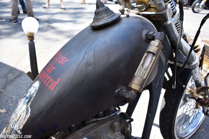 2017 venice vintage motorcycle rally report, A similar external fuel sight welded right into the tank using simple plumbing hardware a little less refined than the RSD one above but just as effective