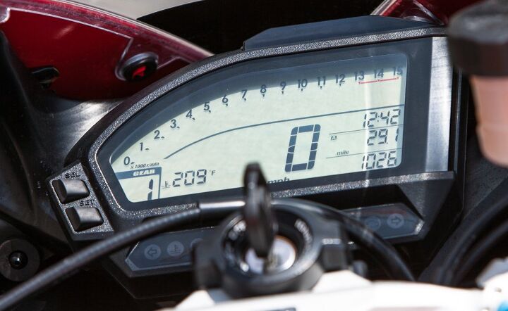 2015 honda cbr1000rr sp review, The gear position indicator at the bottom left is a nod to modern convention but otherwise the digital instrument cluster is devoid of all the information cluttering the readouts of R1s RSVs Panigale s and the like