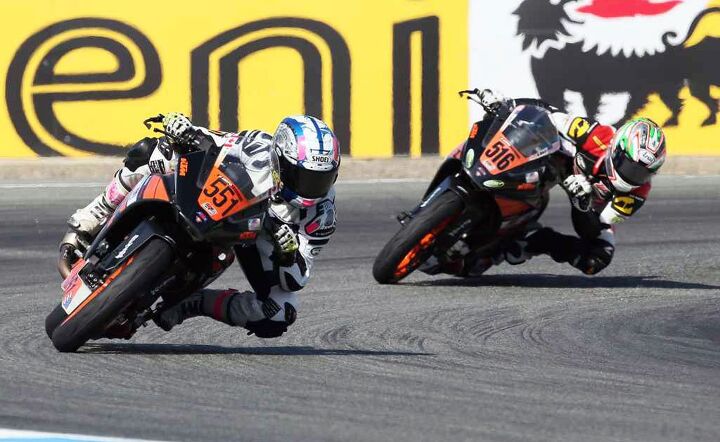 tomfoolery from domination to near extinction, Fifteen year olds Braeden Ortt 551 and Anthony Mazziotto III 516 battling for victory in the KTM RC 390 Cup final at Mazda Raceway Laguna Seca