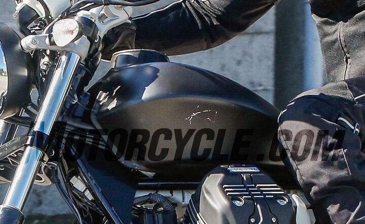 2016 moto guzzi v7 variants spy photos, The fuel tank has a sculpted curve that seems to arch around the protruding cylinder