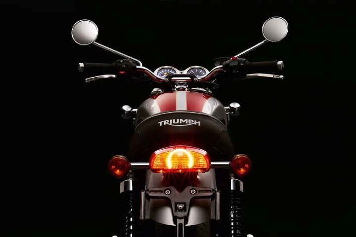 2016 triumph bonneville t120 and t120 black, The LED brake light is one of Triumph s new signature pieces The tank paint is dead sexy on close inspection