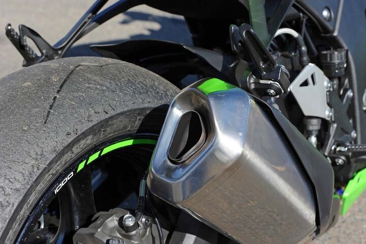 2016 kawasaki ninja zx 10r first first ride review video, The exhaust note is very quiet to meet Euro 4 regulations The bike tested here had Pirelli Super Corsa SC1s fitted rather than the OEM Bridgestone tires