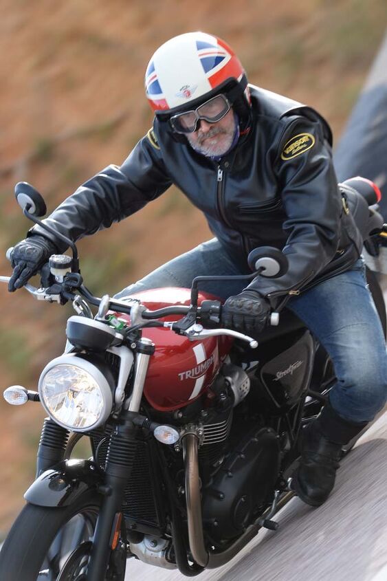 2016 triumph street twin first ride review, It took decades to cultivate the gray whiskers so it was nice of Davida to kick in period correct helmet and goggles to go with