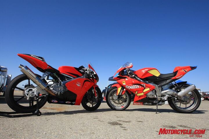 church of mo moriwaki md250h vs aprilia rs125 shootout, On the left is the Moriwaki MD250H powered by a four stroke Honda motor On the right is the Aprilia RS125 one of the last sport motorcycles available with a two stroke engine