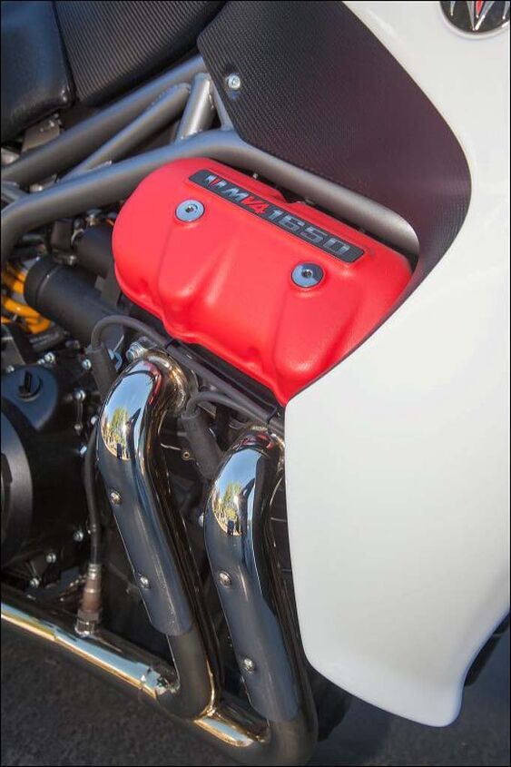 2016 motus mst and mstr review, The MSTR s engine gets a big bump in power which makes the valve covers glow cherry red even when the bike is stopped