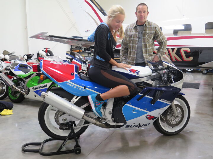 archive 1989 suzuki gsx r750rr, Note the racy tailsection and curvaceous bodywork Owner Tom McComas friend Savannah Lynx tries the RR on for size it was nice of her to wear color matched gear while TC seems slightly stunned to be in possession of such a rare bird