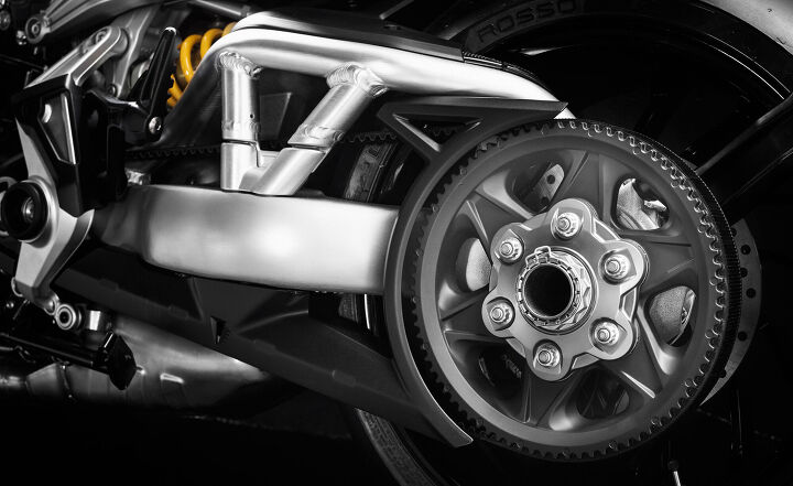 2016 ducati xdiavel s first ride review, The XDiavel is the first Ducati to use a belt final drive Note the removable forged piece connecting the trellis and the cast lower portion of the swingarm This is required to replace the belt