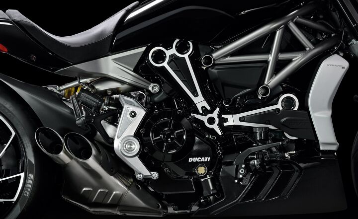 2016 ducati xdiavel s first ride review, The machined belt covers of the XDiavel S highlight the L shape of the cylinders The trellis frame and the swingarm pivot assembly use the engine as a stressed member