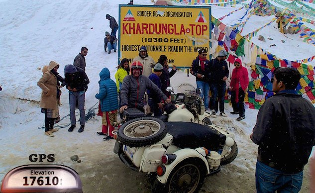 hubert kriegel circling the globe by sidecar for over a decade, The peak of Khardungla Pass in the Himalayas elevation 18 380 ft
