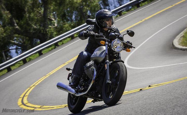 2016 moto guzzi v7 ii stone review, Narrow Pirelli Sport Demon tires help aid the V7 s transitional responses and have more than enough grip to drag pegs when heeled over